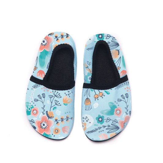 Souliers d'eau - Hopalo bleus à motifs floraux corail et verts, doublure noire, confortables pour enfant, vue de dessus