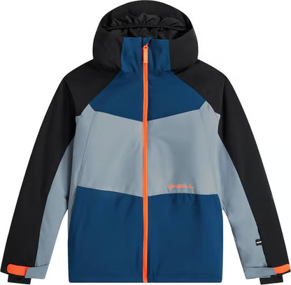 Manteau d'hiver Fwc'cruz - O'Neill à capuche bleu et gris avec manches noires et fermeture éclair orange vue de face