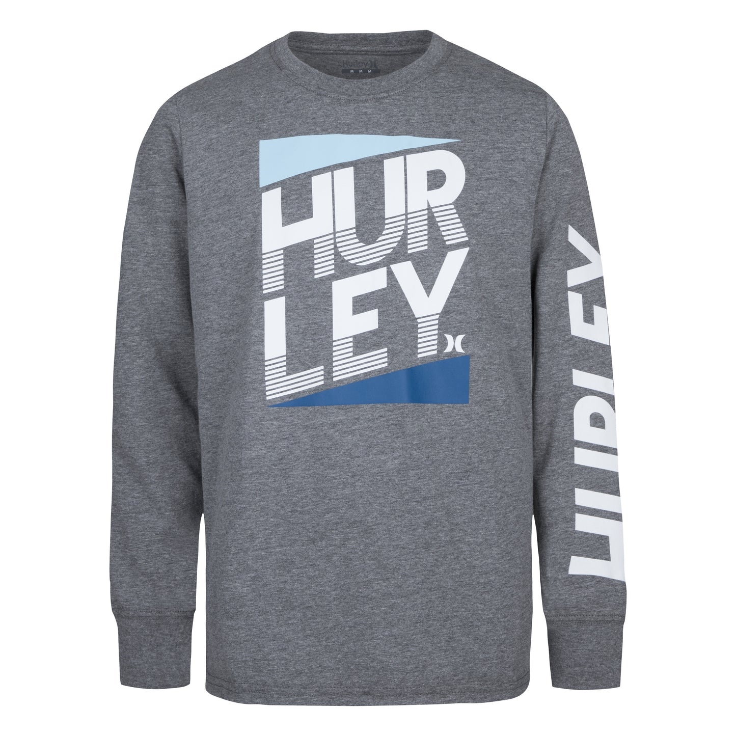 Chandail - Hurley gris en coton à manches longues avec logo bleu et blanc devant, pour garçon, vue de face