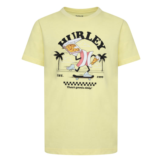 T-Shirt - Hurley jaune clair en coton polyester avec motif skate et pizza, pour garçon, vue de face.