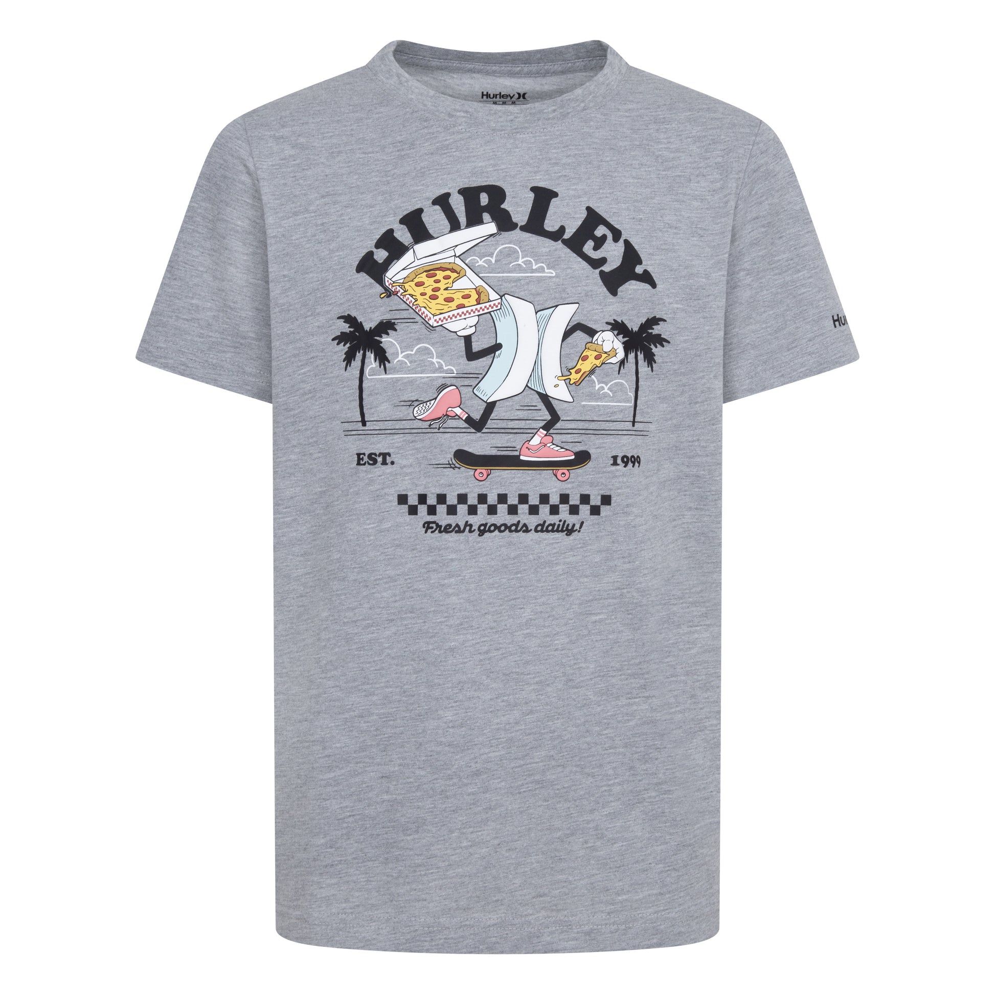 T-Shirt - Hurley gris chiné avec logo, illustration skate et pizzas, coton polyester, pour garçon, vue de face.