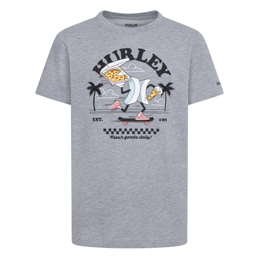 T-Shirt - Hurley gris chiné avec logo, illustration skate et pizzas, coton polyester, pour garçon, vue de face.