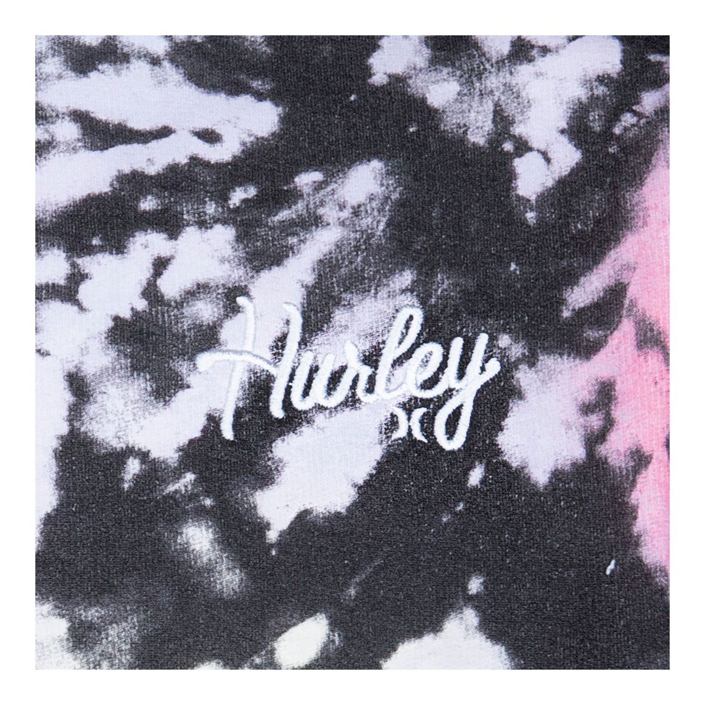 Chandail - Hurley fille motif tie-dye noir, blanc et rose avec logo brodé blanc, détail tissu en molleton doux