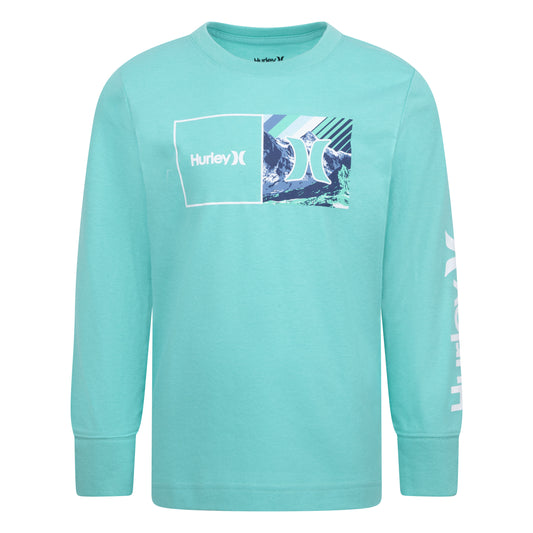 Chandail - Hurley garçon bleu turquoise en coton polyester avec logo blanc, manches longues, vue de face.