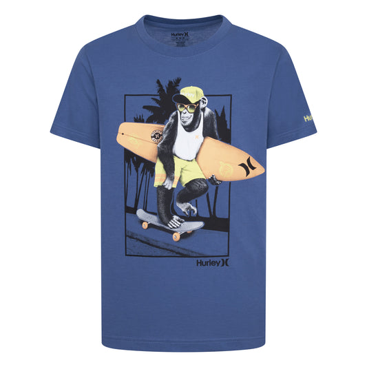 T-Shirt - Hurley bleu à imprimé singe avec planche de surf orange, coton-polyester, pour garçon, vue de face
