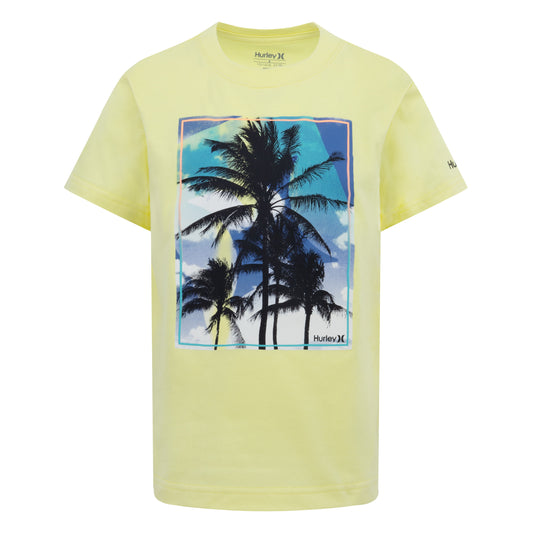 T-Shirt - Hurley jaune clair en coton-polyester avec imprimé palmiers bleus et noirs, pour garçon, vue de face