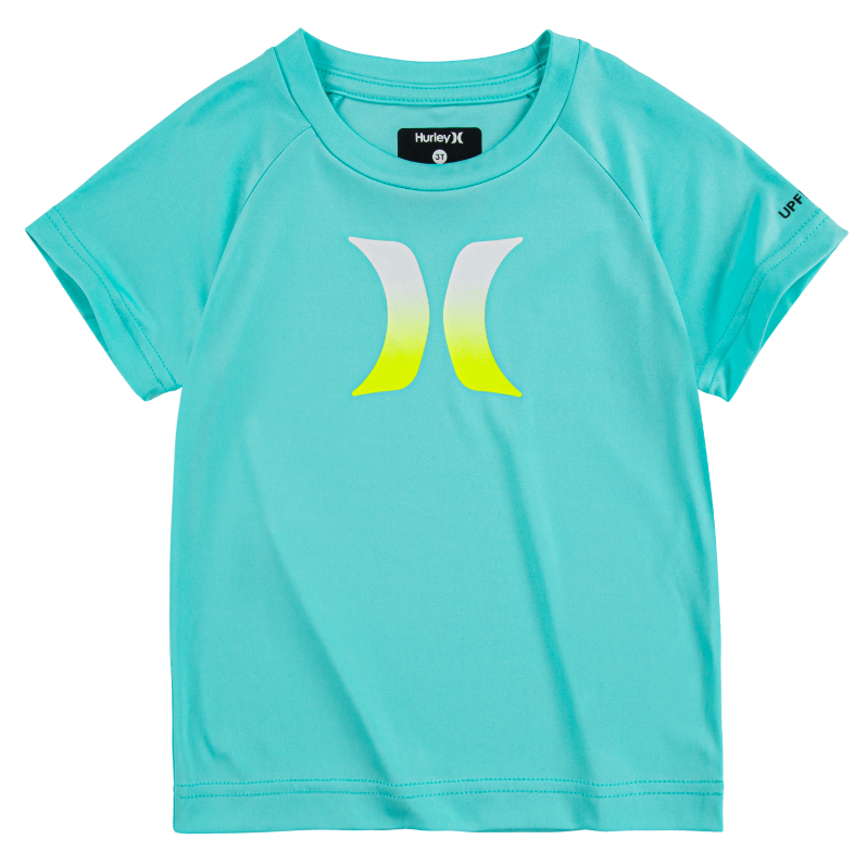 Chandail U.V - Hurley turquoise en polyester 100% avec logo blanc et jaune, pour garçon, vue de face manches courtes.