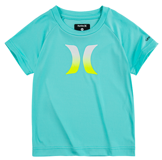 Chandail U.V - Hurley turquoise en polyester 100% avec logo blanc et jaune, pour garçon, vue de face manches courtes.