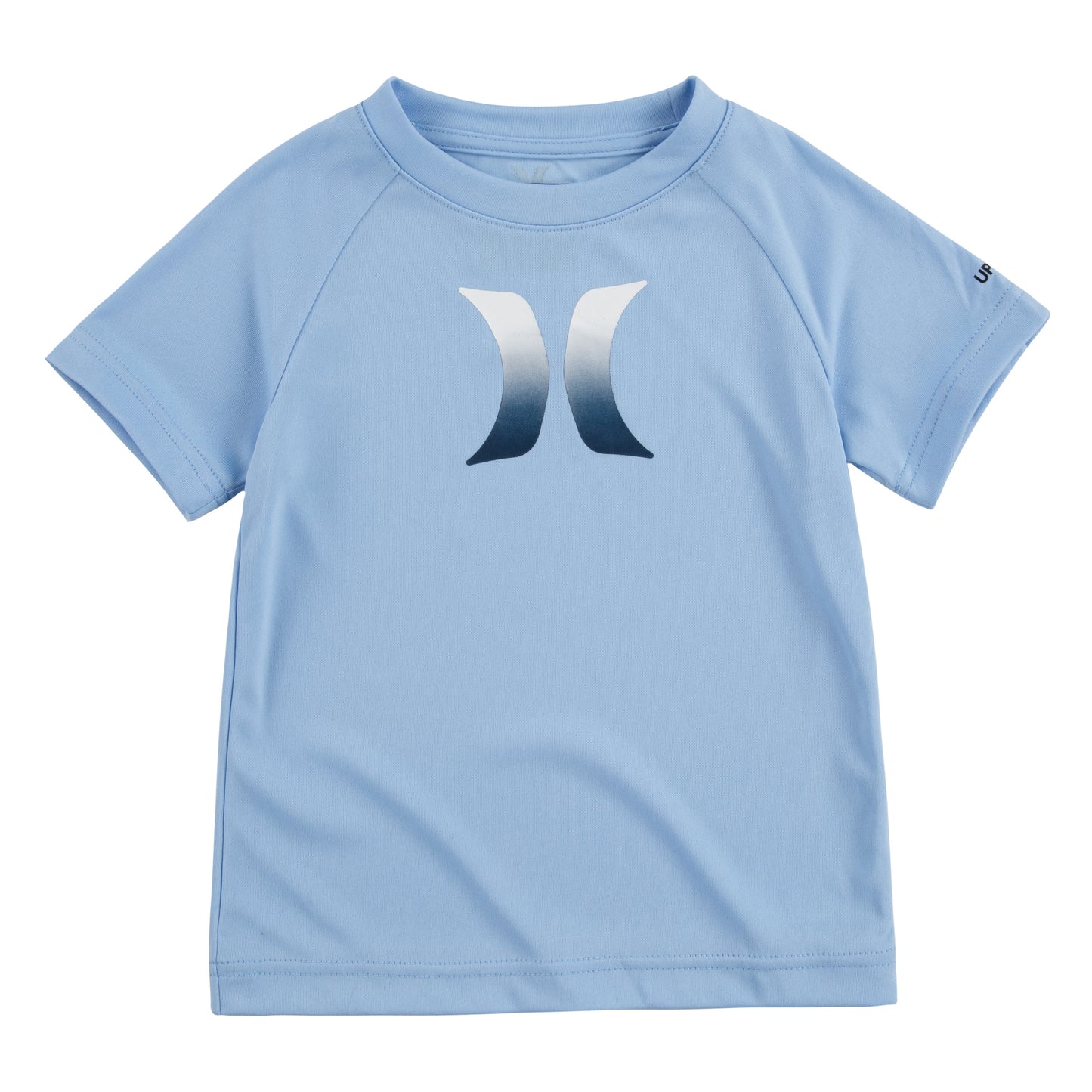 Chandail U.V - Hurley bleu ciel en polyester avec logo blanc et noir, manches courtes, pour garçon, vue de face.