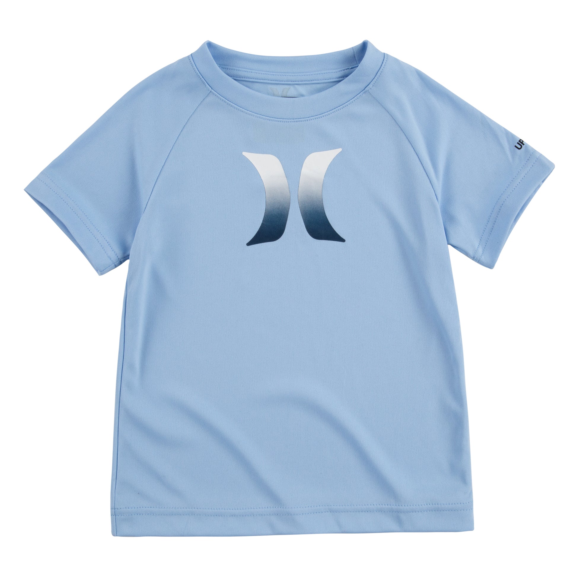 Chandail U.V - Hurley bleu ciel en polyester avec logo blanc et noir, manches courtes, pour garçon, vue de face.