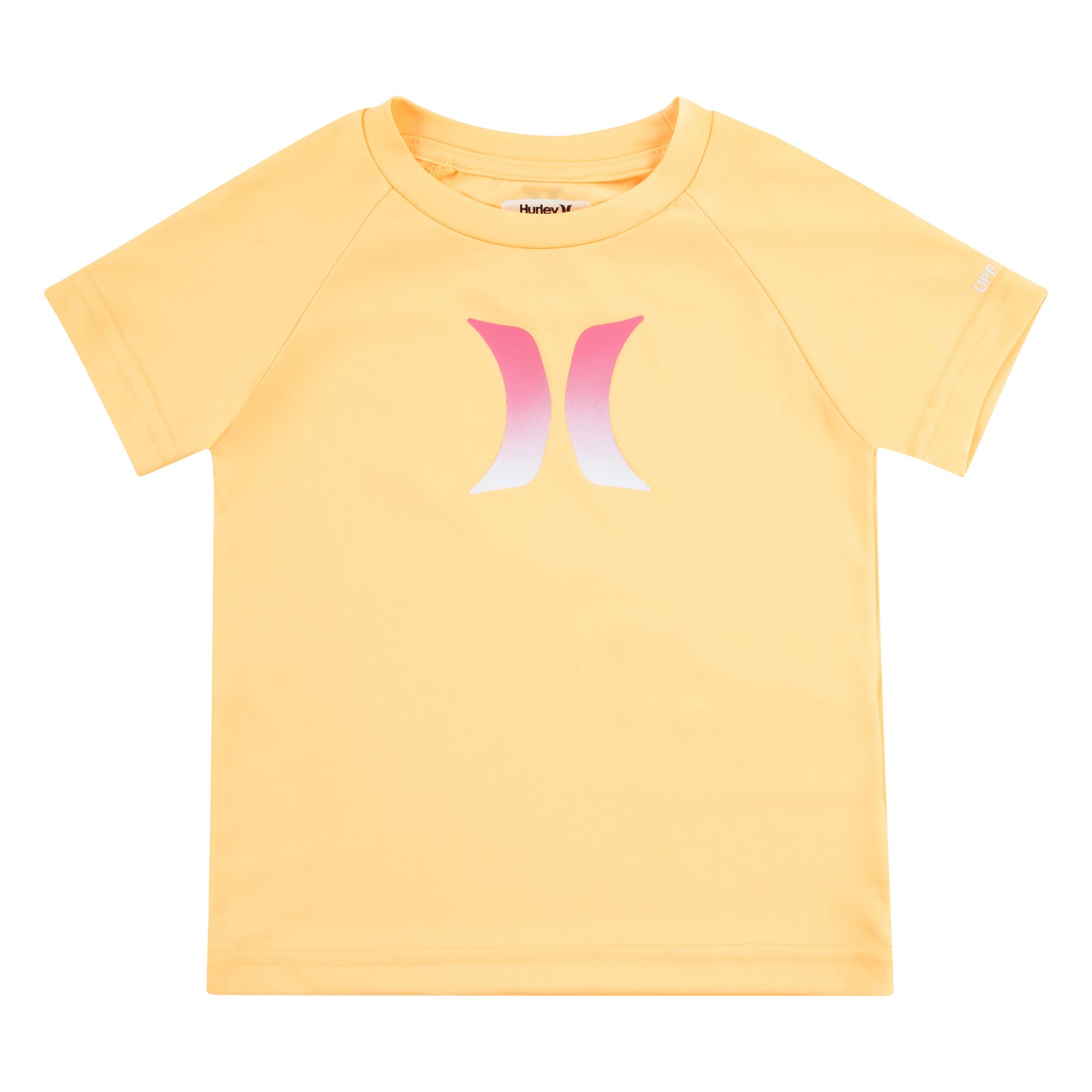 Chandail U.V - Hurley jaune clair en polyester avec logo dégradé rose et violet, manches courtes, pour garçon, vue de face.
