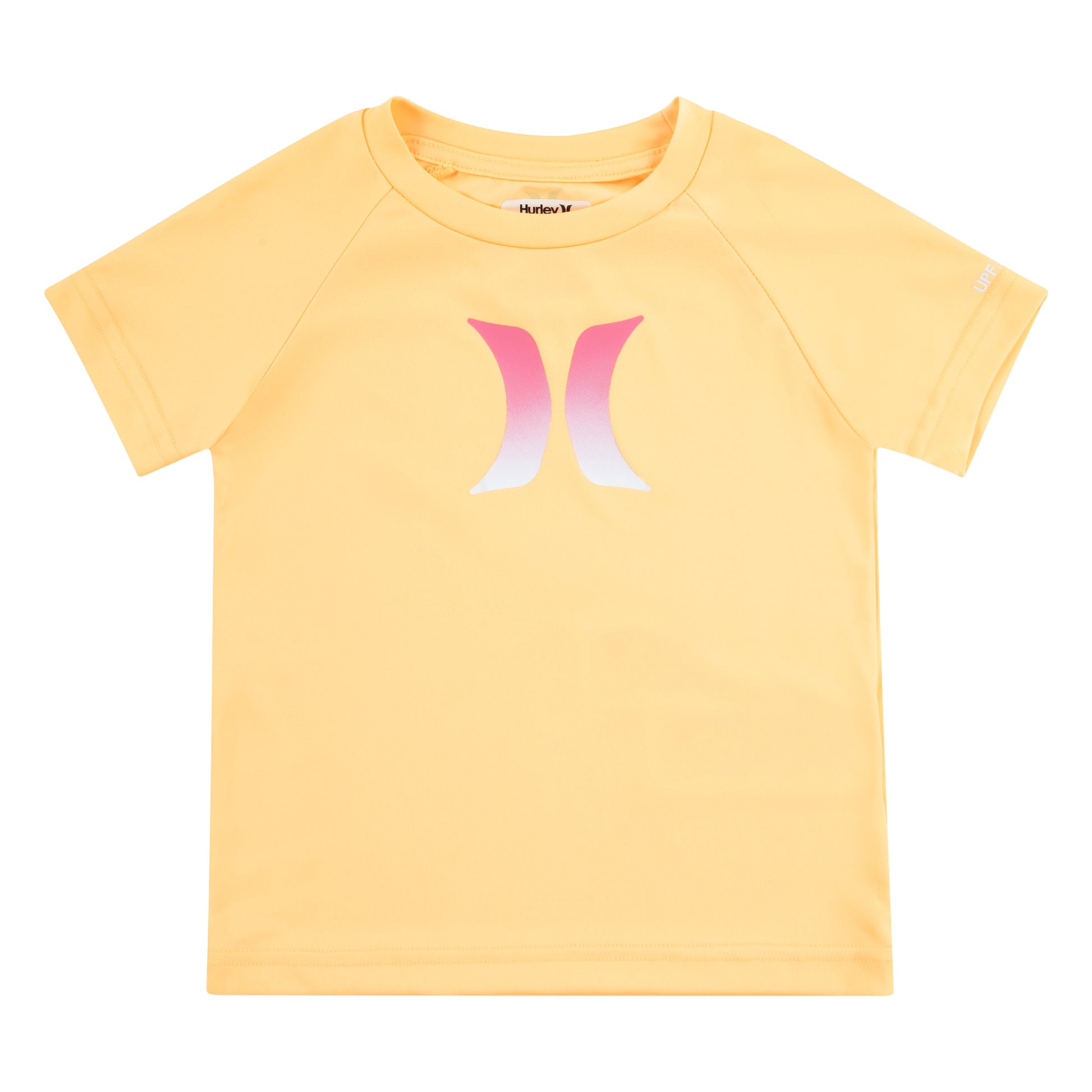 Chandail U.V - Hurley jaune clair en polyester avec logo dégradé rose et violet, manches courtes, pour garçon, vue de face.