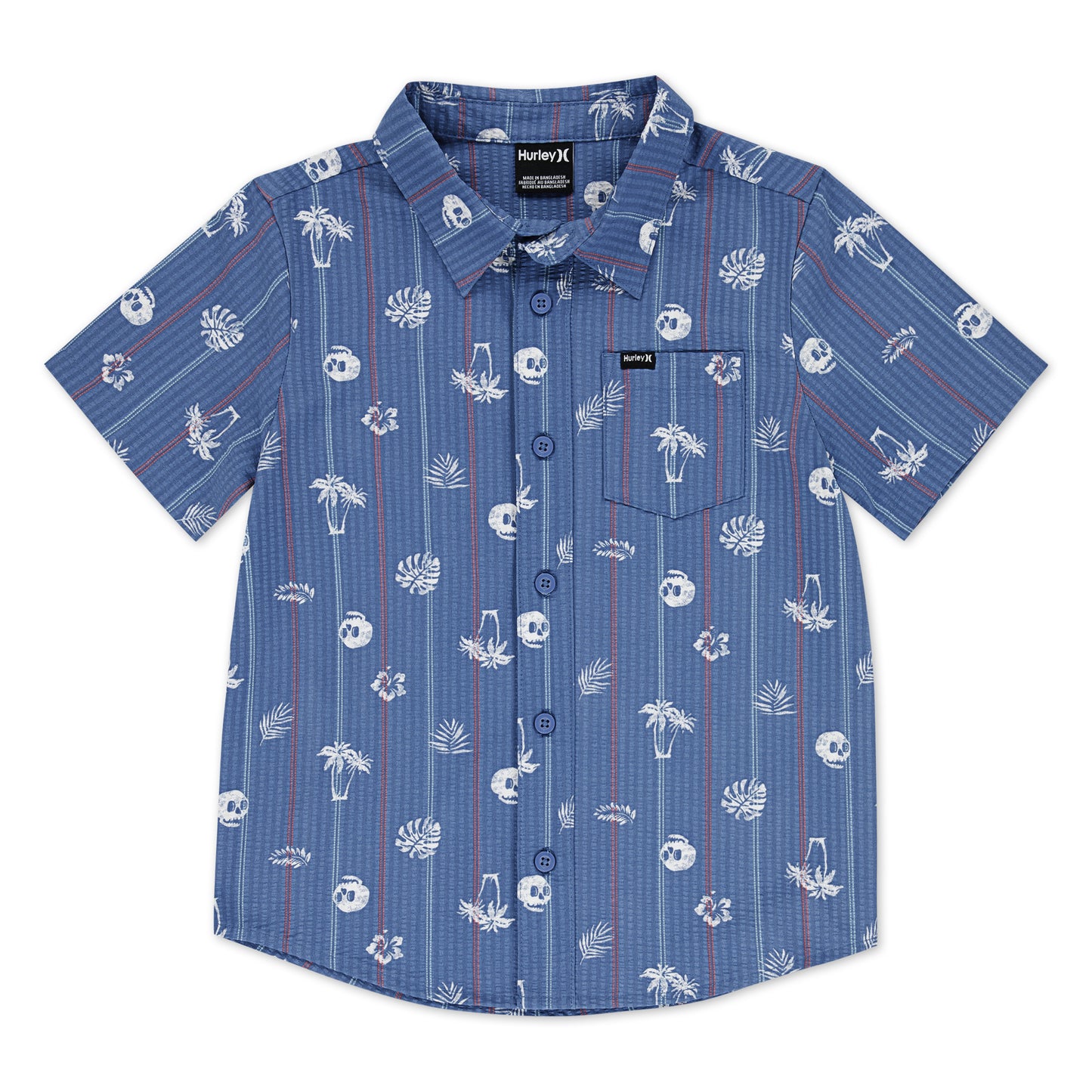 Chemise - Hurley bleu avec motifs blancs palmiers et feuilles, manches courtes, polyester et élastane, garçon, vue de face.