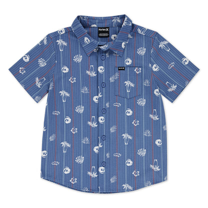 Chemise - Hurley bleu avec motifs blancs palmiers et feuilles, manches courtes, polyester et élastane, garçon, vue de face.