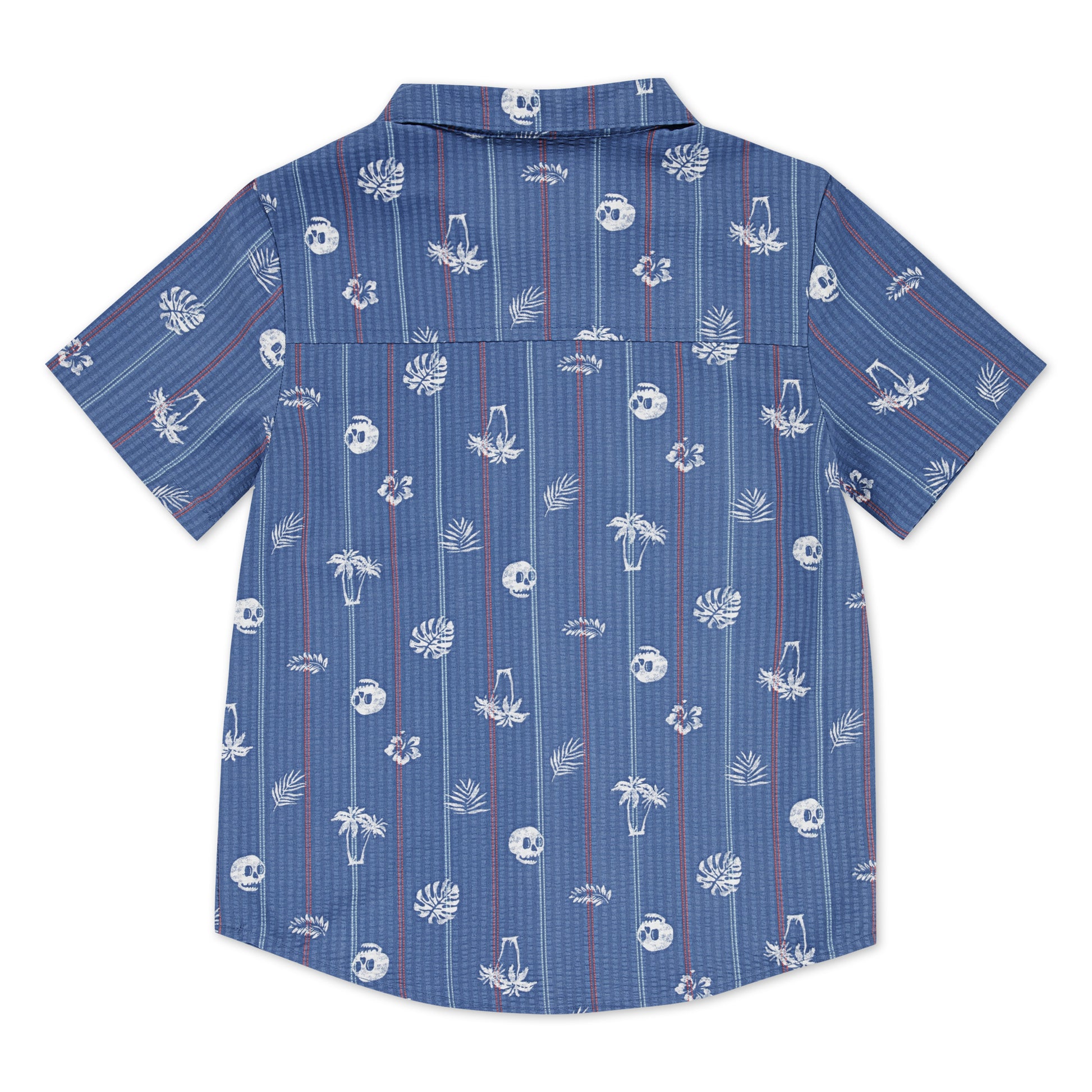 Chemise - Hurley bleu à motifs blancs tropicaux et rouges, manches courtes, polyester élasthanne, pour garçon, vue de dos.