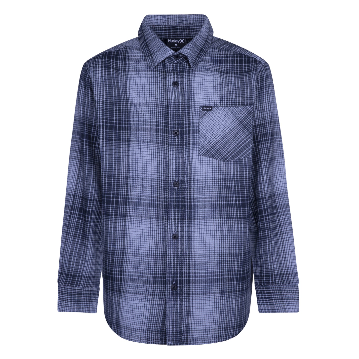 Chemise - Hurley bleu et noir à carreaux en flanelle pour garçon avec col rabattu et poche, vue de face.