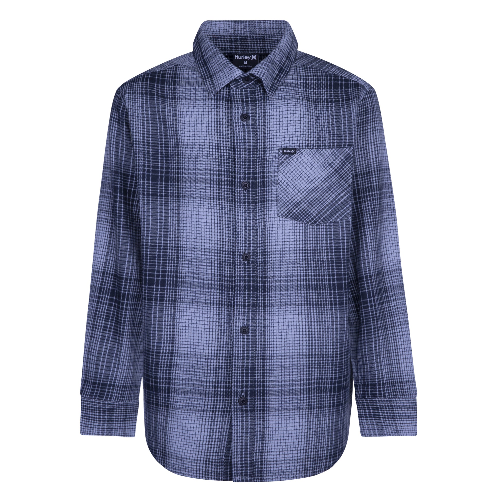 Chemise - Hurley bleu et noir à carreaux en flanelle pour garçon avec col rabattu et poche, vue de face.