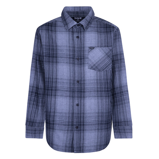 Chemise - Hurley bleu et noir à carreaux en flanelle pour garçon avec col rabattu et poche, vue de face.