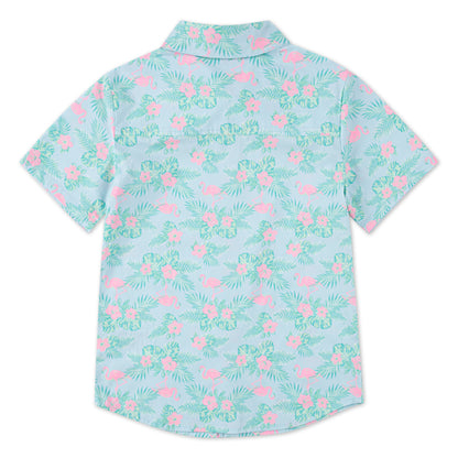 Chemise - Hurley garçon bleu clair à motifs tropicaux roses et verts, manches courtes, vue de dos.