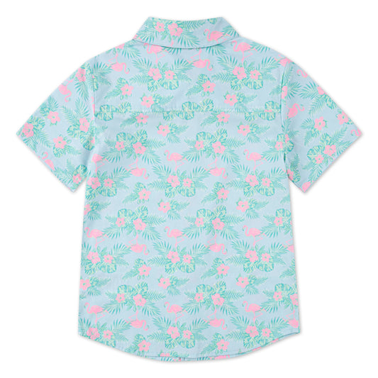 Chemise - Hurley garçon bleu clair à motifs tropicaux roses et verts, manches courtes, vue de dos.