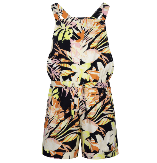 Salopette courte - Hurley fille avec motif floral orange noir jaune rose, tissu léger, vue de face.