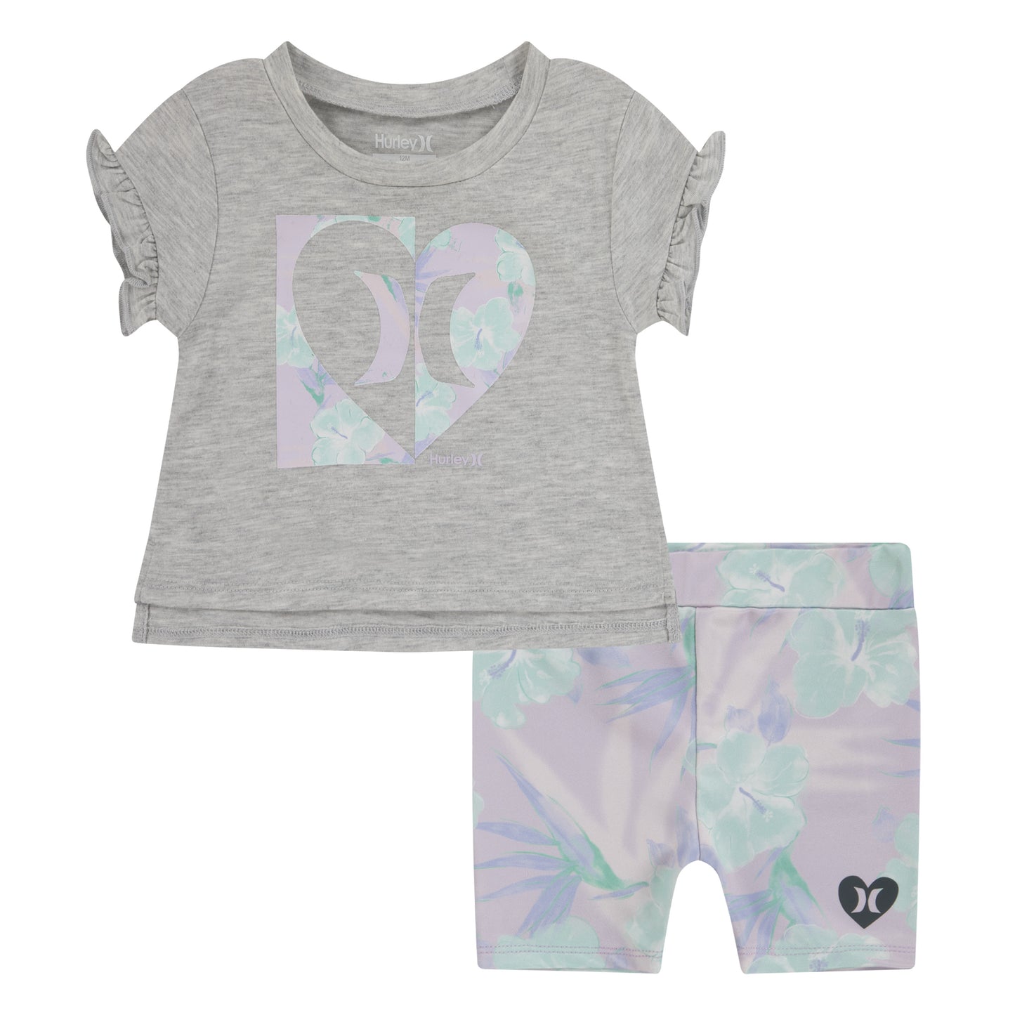 Ensemble - Hurley pour fille avec t-shirt gris à manches volantées et short cycliste lilas à motifs floraux, vue de face