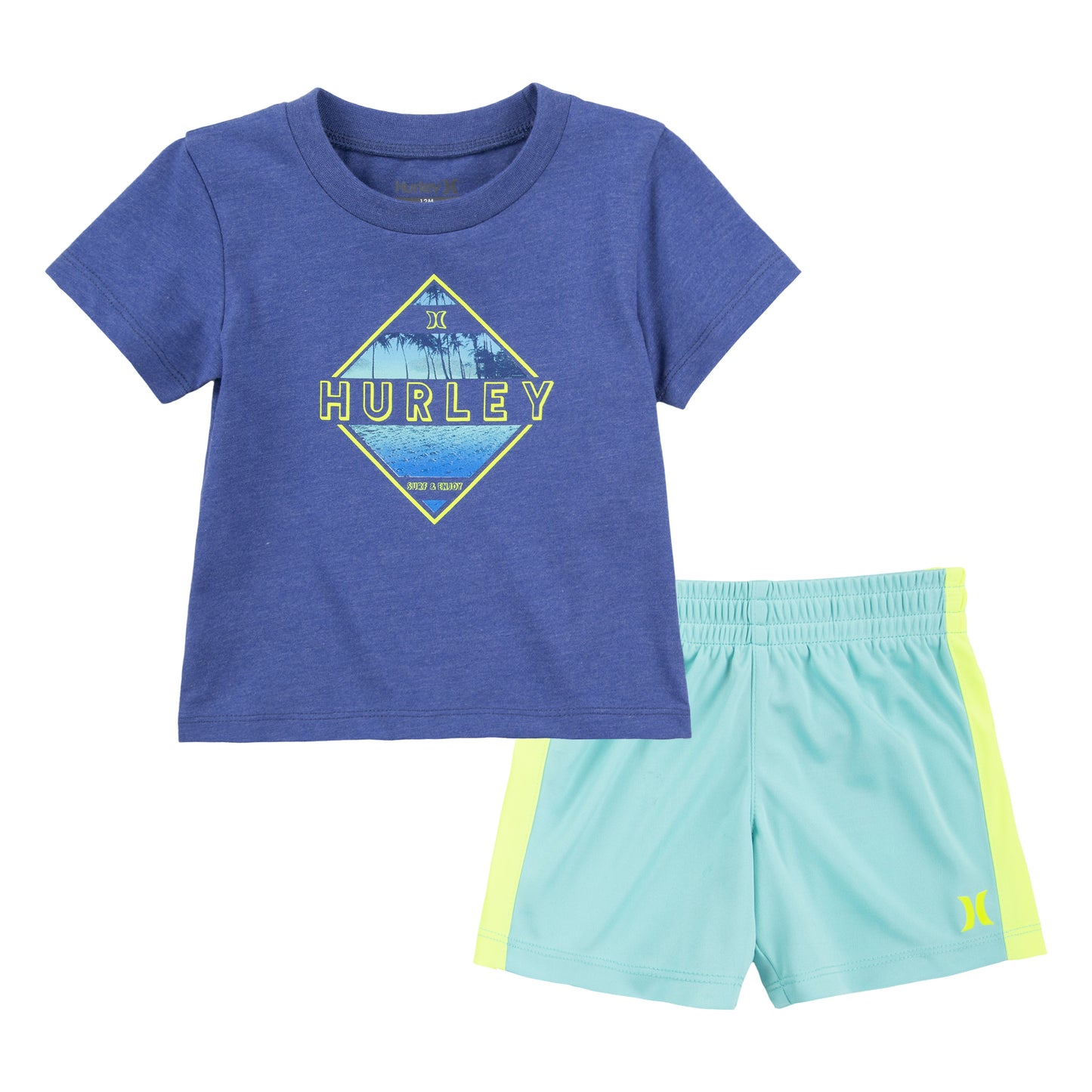 Ensemble - Hurley garçon composé d'un t-shirt bleu avec logo jaune et short bleu clair à bandes jaunes, vue de face.