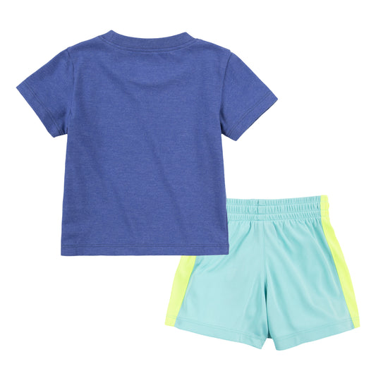 Ensemble - Hurley avec t-shirt bleu marine en coton et short turquoise à bandes jaunes, pour garçon, vue de dos.