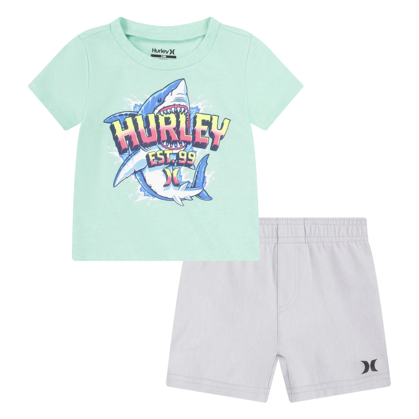 Ensemble - Hurley garçon avec tee-shirt vert menthe à manches courtes et requin graphique, short gris clair, vue de face