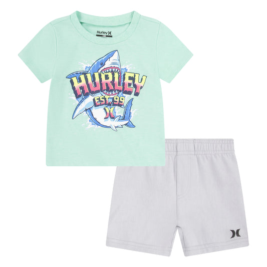 Ensemble - Hurley garçon avec tee-shirt vert menthe à manches courtes et requin graphique, short gris clair, vue de face