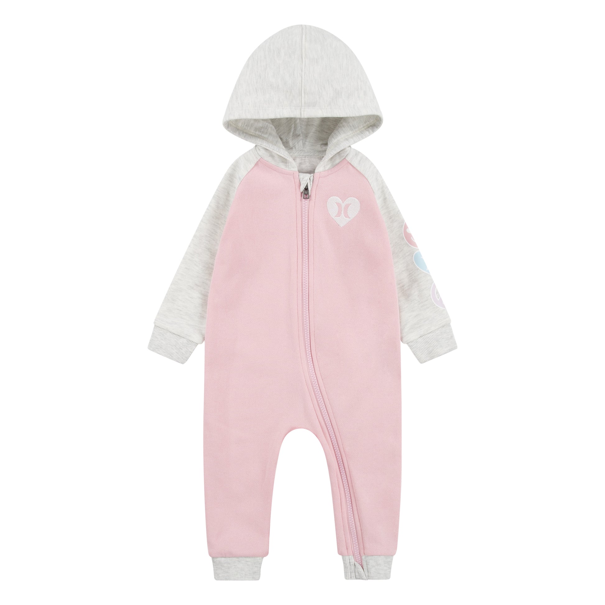 Ensemble - Hurley combinaison molletonnée rose et grise avec capuche, manches raglan, fermeture zippée, pour fille, vue de face