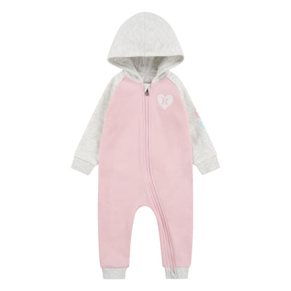 Ensemble - Hurley combinaison molletonnée rose et grise avec capuche, manches raglan, fermeture zippée, pour fille, vue de face