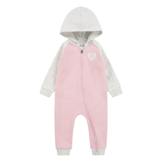 Ensemble - Hurley combinaison molletonnée rose et grise avec capuche, manches raglan, fermeture zippée, pour fille, vue de face