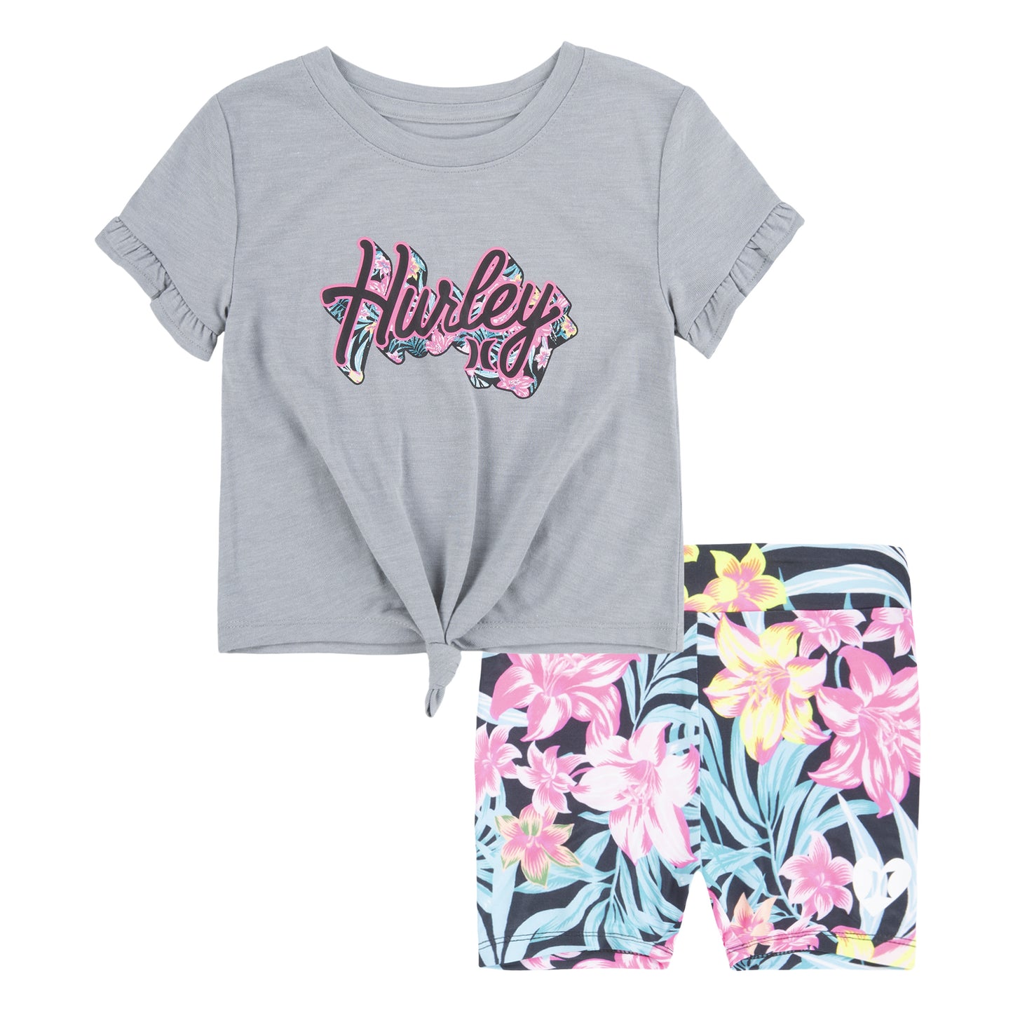 Ensemble Short - Hurley t-shirt gris clair avec logo rose et short noir à fleurs multicolores, pour fille, vue de face