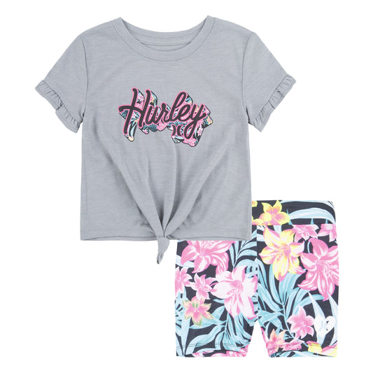 Ensemble Short - Hurley t-shirt gris clair avec logo rose et short noir à fleurs multicolores, pour fille, vue de face