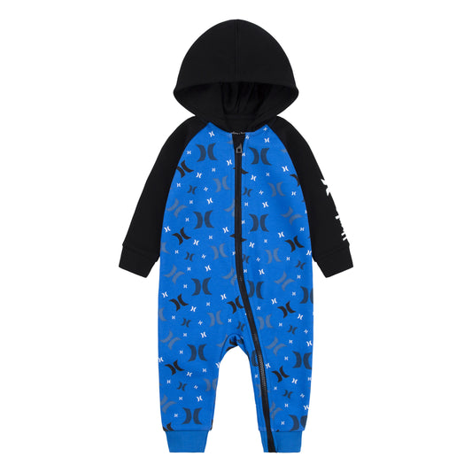 Ensemble - Hurley combinaison molletonnée bleue à motifs logo noirs et gris, manches longues noires, capuche, pour garçon, vue de face