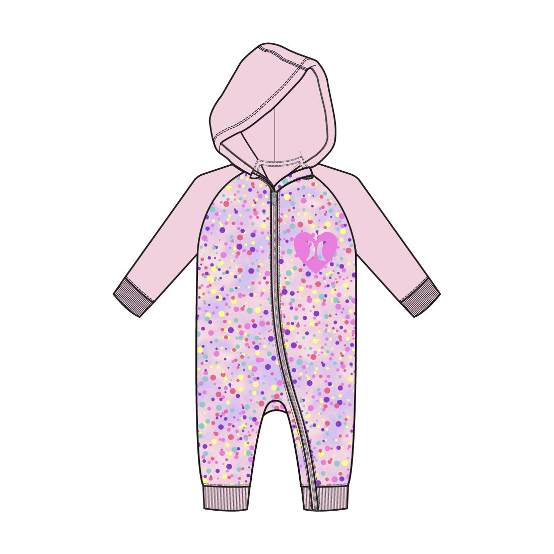 Ensemble - Hurley combinaison molletonnée rose à capuche et imprimé pois colorés pour fille, vue de face.