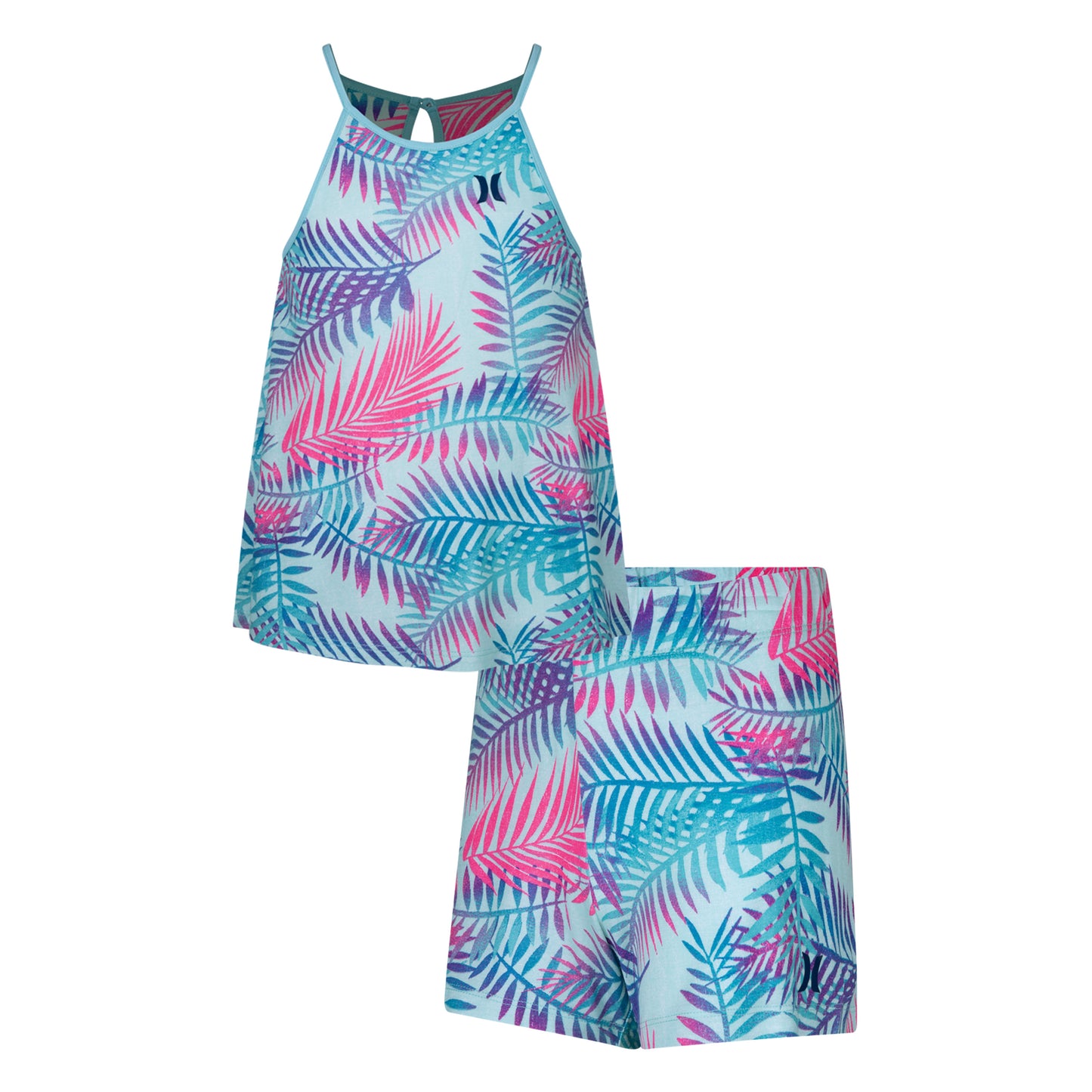 Ensemble - Hurley débardeur et short en jersey de viscose bleu clair avec imprimé feuilles roses et violettes, pour fille, vue de face