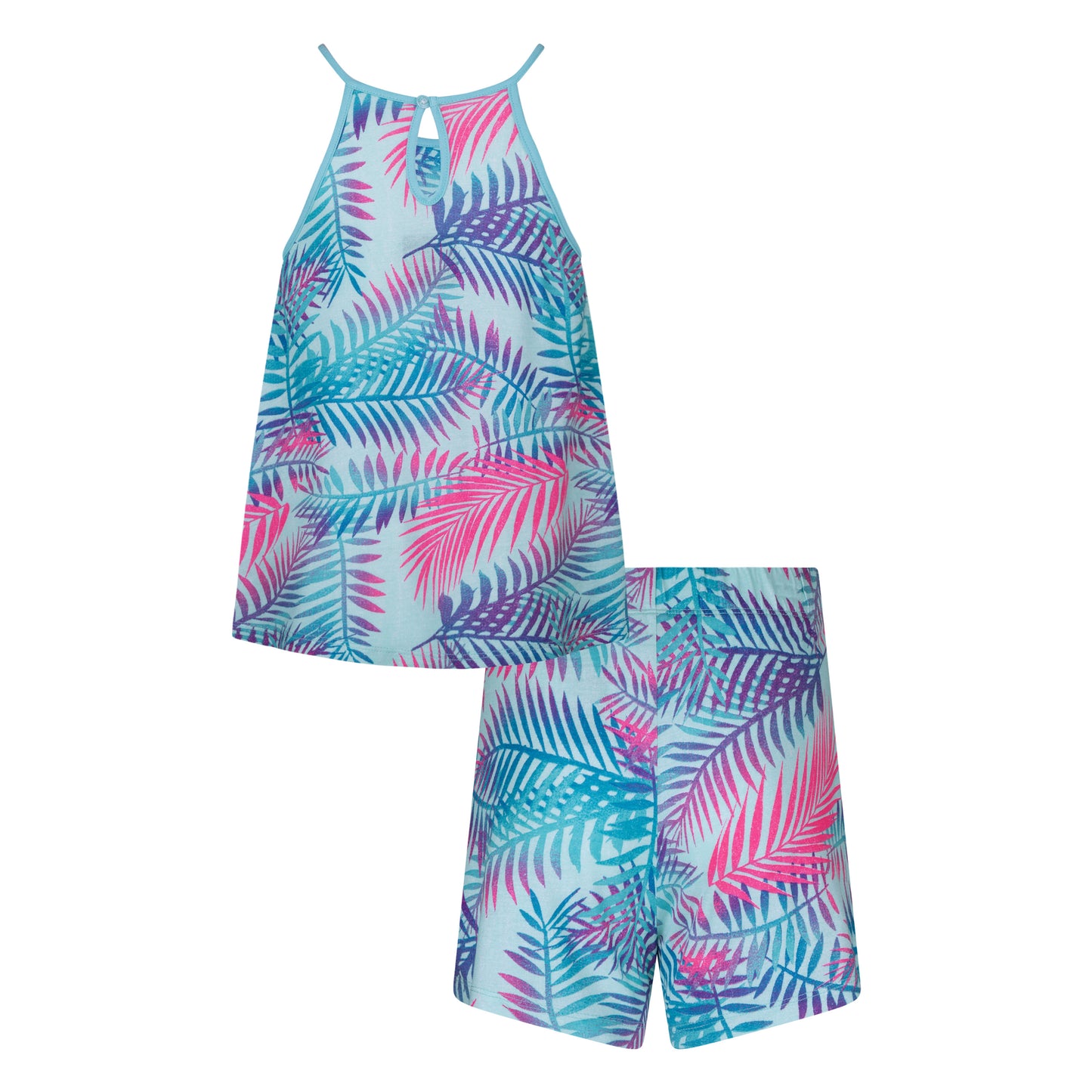 Ensemble - Hurley 2 pièces débardeur et short en jersey de viscose bleu clair à motifs feuilles roses et violettes, fille, vue de face