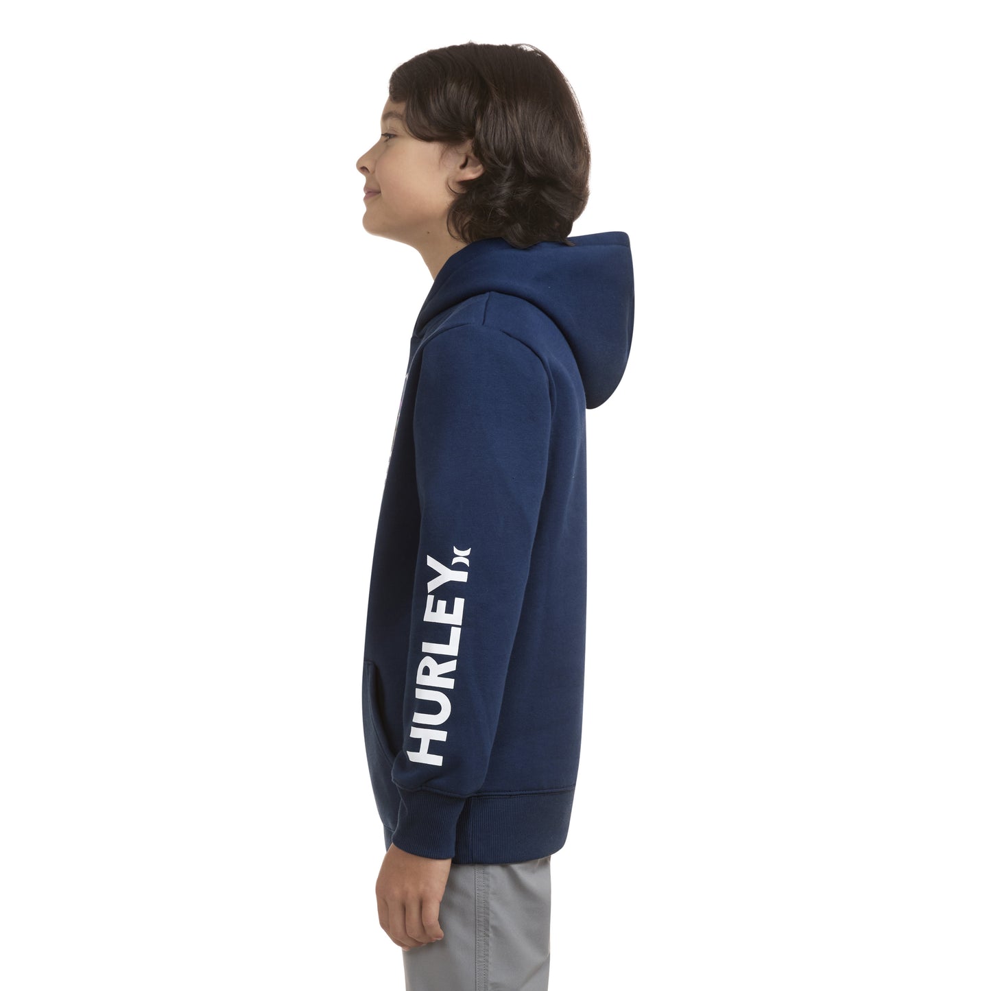 Hoodie - Hurley bleu marine en coton polyester avec capuche et logo blanc manches, pour garçon, vue de profil gauche