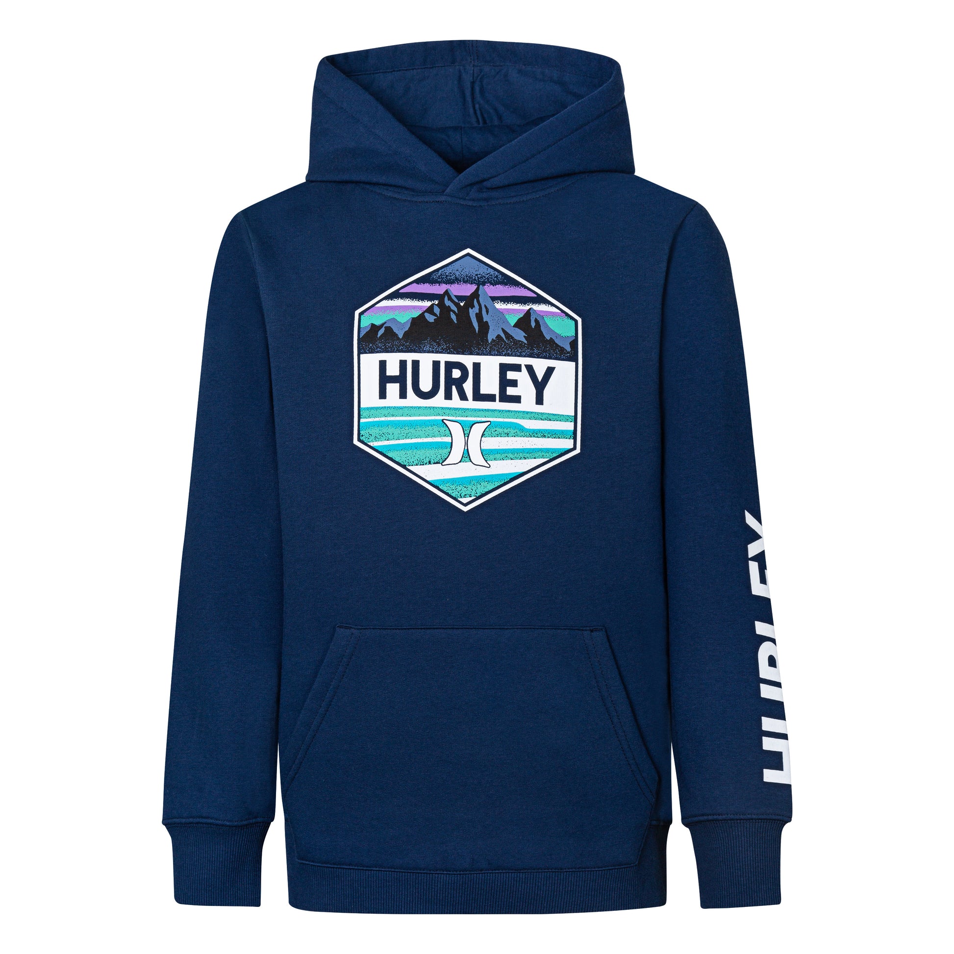 Hoodie - Hurley bleu marine avec imprimé paysage montagne mer violet et bleu, coton polyester, pour garçon, vue de face