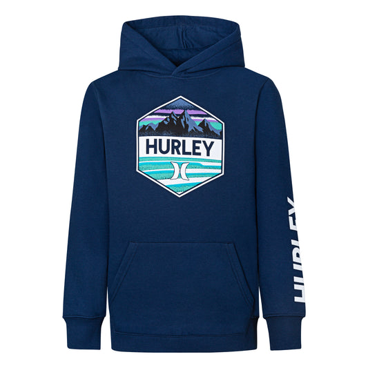 Hoodie - Hurley bleu marine avec imprimé paysage montagne mer violet et bleu, coton polyester, pour garçon, vue de face