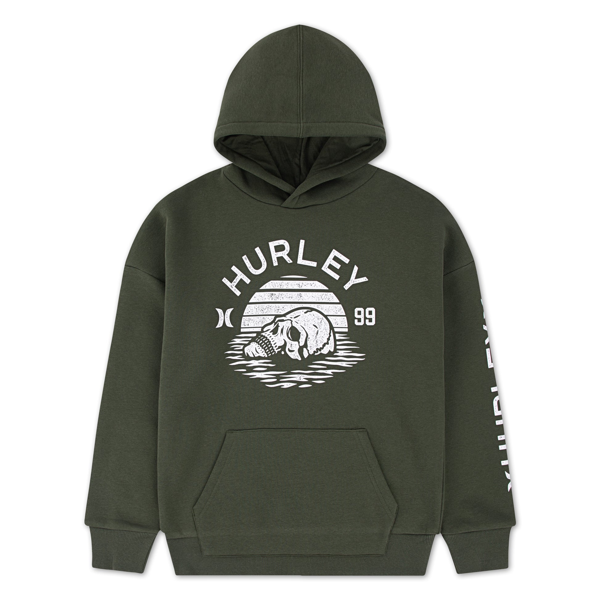 Hoodie - Hurley garçon vert kaki en polaire avec capuche et motif tête de mort blanc, vue de face