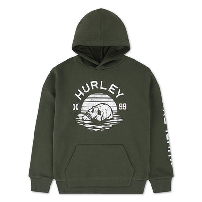 Hoodie - Hurley garçon vert kaki en polaire avec capuche et motif tête de mort blanc, vue de face