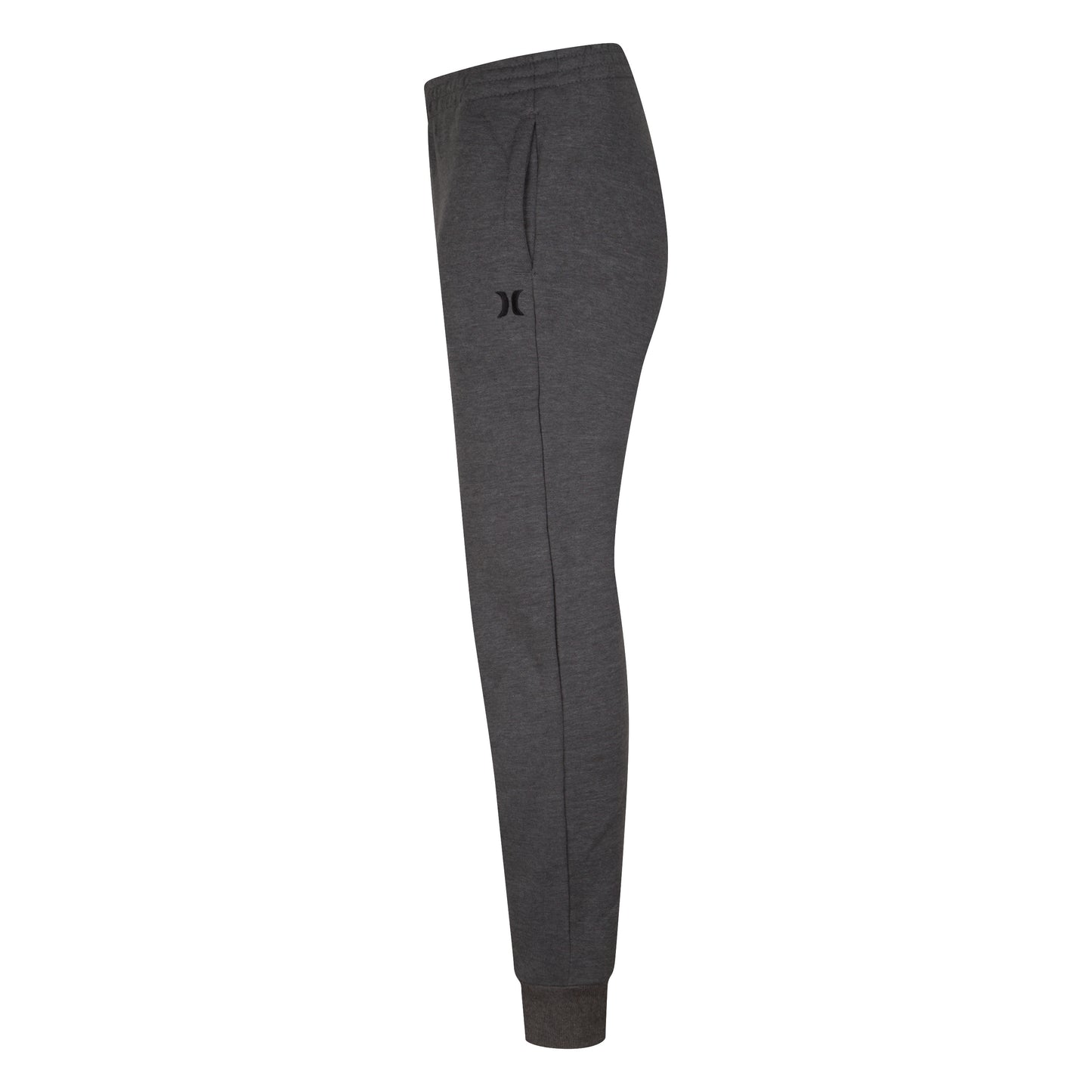 Pantalon - Hurley gris foncé en terry français avec poches latérales et logo brodé, style jogger pour garçon, vue de profil.