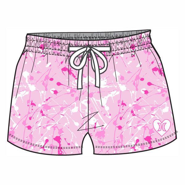 Short - Hurley rose motif éclaboussures blanches et fuchsia avec cordon blanc, pour fille, vue de face.