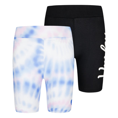 2 Bikers Shorts - Hurley lot de shorts cyclistes fille en microfibre, un noir logo blanc, un bleu et rose tie and dye, vue de face