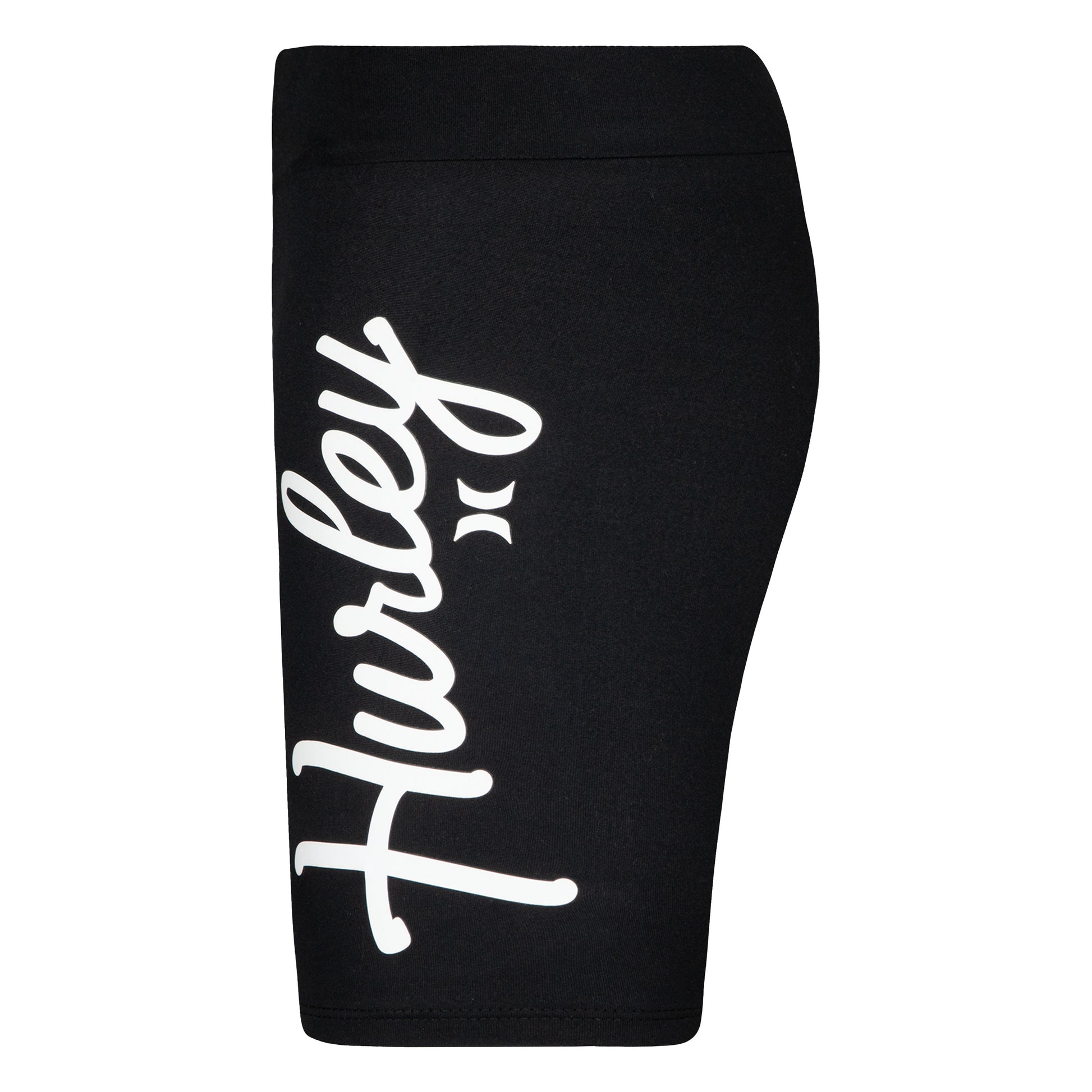 2 Bikers Shorts - Hurley noirs en jersey microfibre avec logo blanc sur jambe, ceinture élastique, pour fille, vue de profil droit