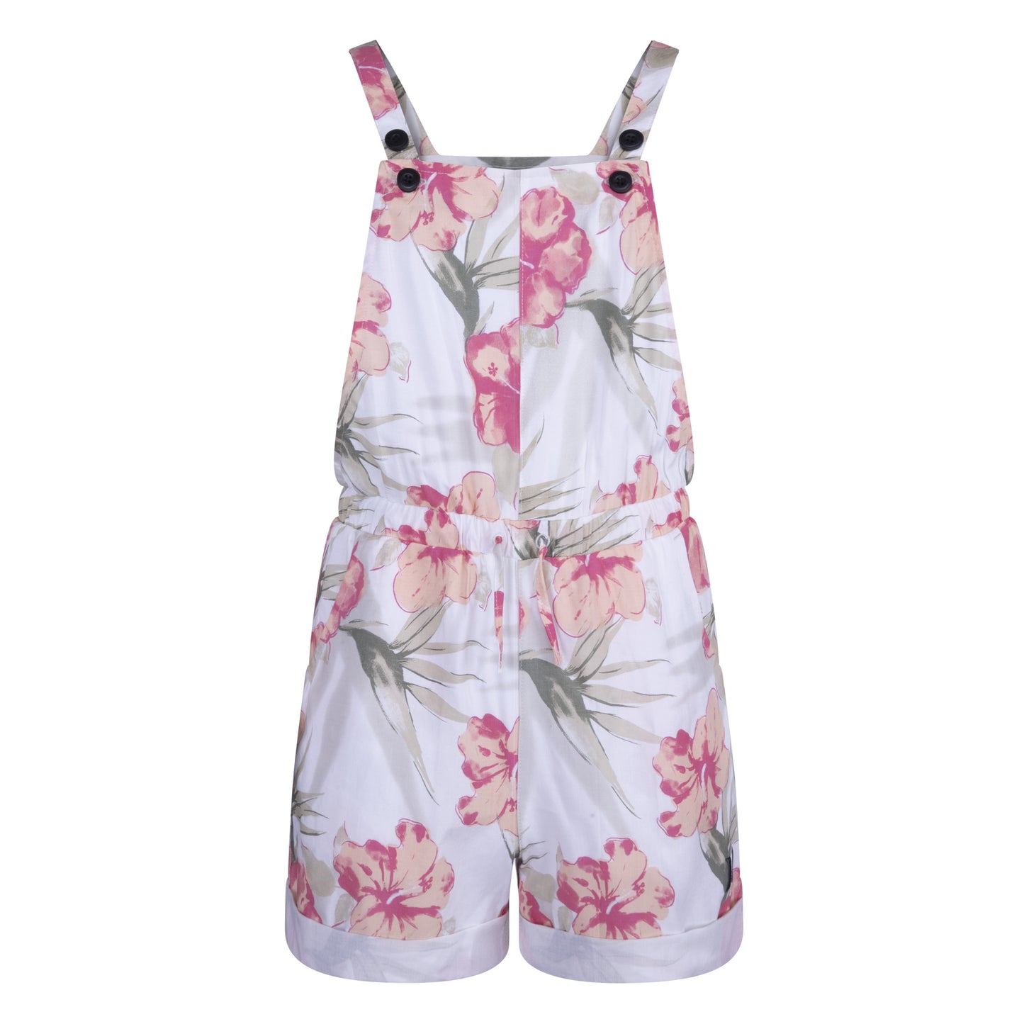 Salopette Courte - Hurley blanche imprimé floral rose et vert, tissu léger, pour fille, vue de face