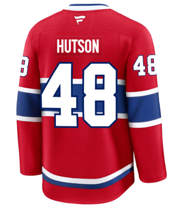Jersey de hockey - Hutson rouge, bleu et blanc, manches longues, pour enfant, vue de dos avec numéro 48 et nom.